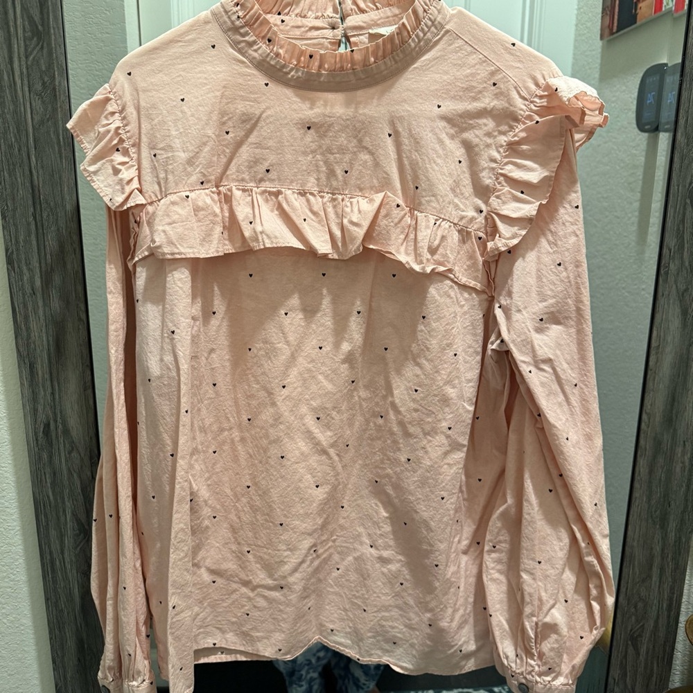 LOFT Outlet Pink Ruffle Blouse XL – Heart Print Long Sleeve